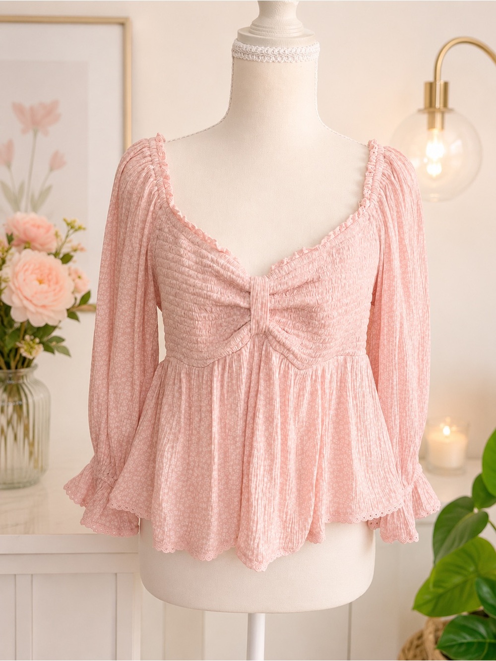 Free People Brittnee Pink Floral Smocked Peplum Top Size S